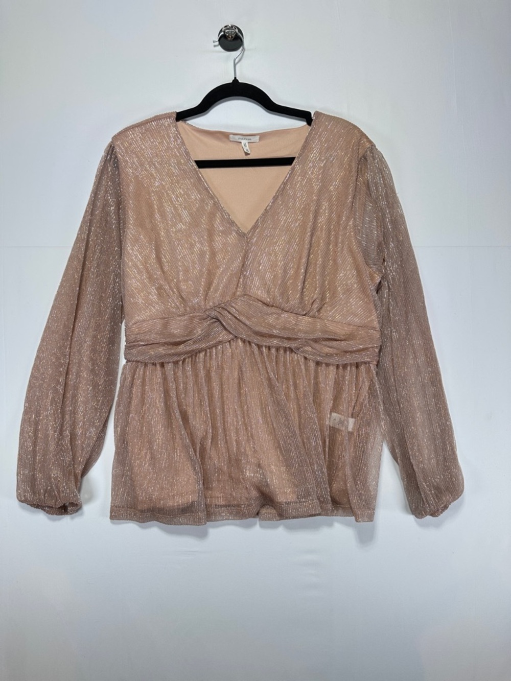 Maurices Champagne Metallic Shimmer Blouse Twist Front Peplum Romantic Top XL